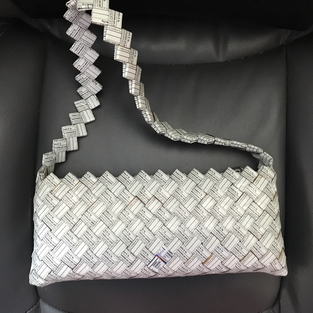 Handmade handwoven zippered purse from Recycled labels -Retro  Environmental Art